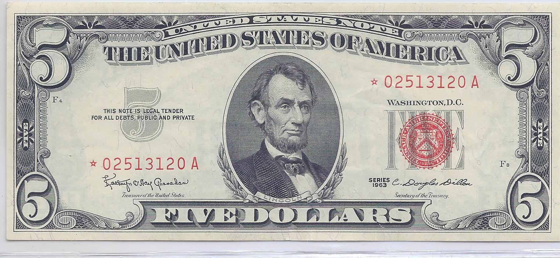 1963 Red Seal $5.00 Star Note in AU - Click Image to Close